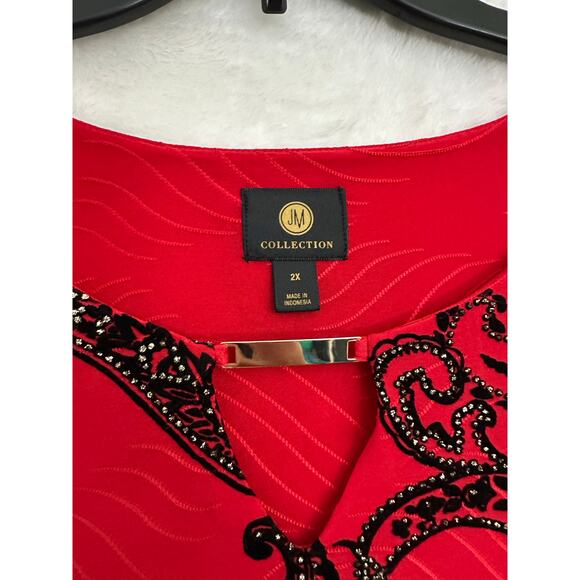 JM Collection Red Holiday Party Tunic Top 2X Glitter Paisley - Picture 4 of 8
